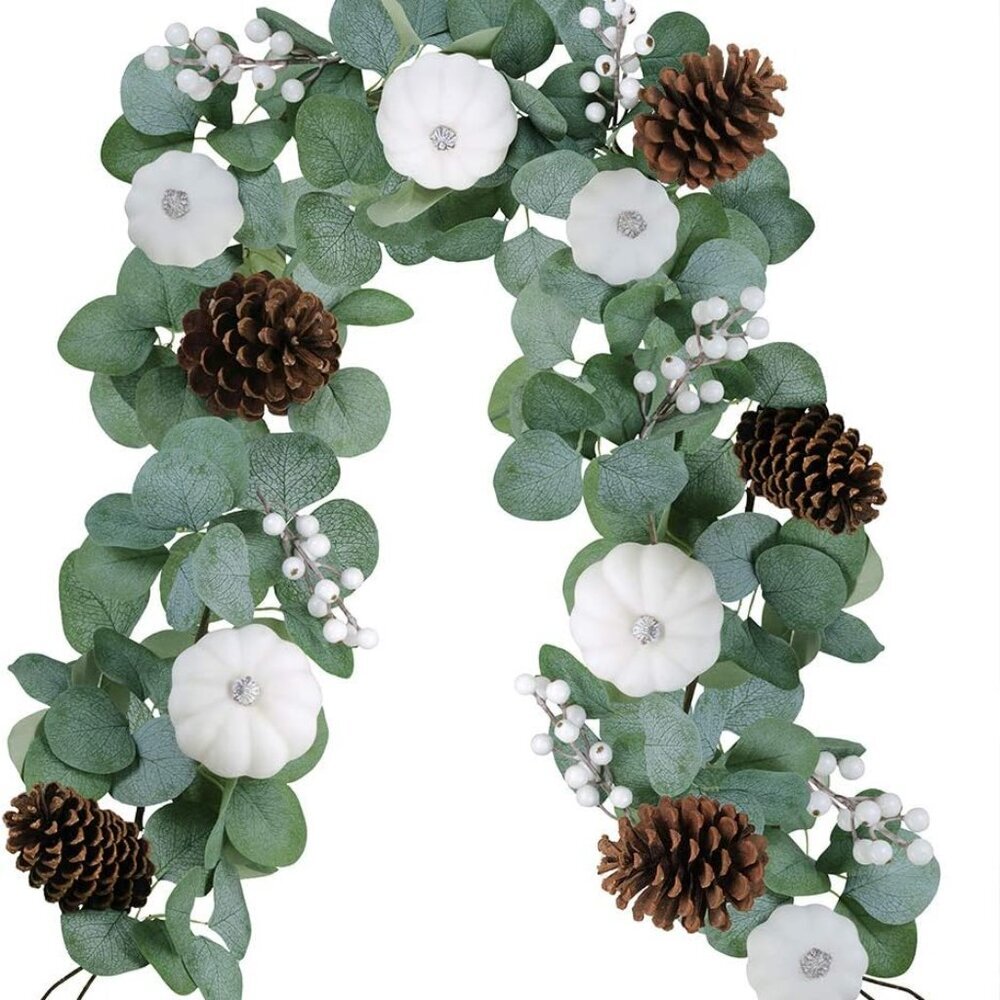 White Pumpkin Garland Artificial Eucalyptus with White Pumpkins Pinecones Berrie